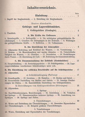 Bergbaukunde von C.H. Fritzsche Erster Band Inhaltsverzeichnis 1
Quelle: Springer Verlag OHG in Berlin von 1942
