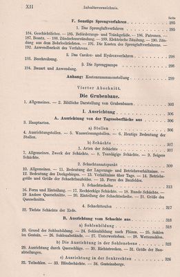 Bergbaukunde von C.H. Fritzsche Erster Band Inhaltsverzeichnis 8
Quelle: Springer Verlag OHG in Berlin von 1942
