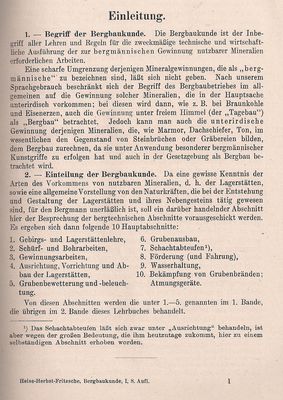 Bergbaukunde von C.H. Fritzsche Erster Band Inhaltsverzeichnis Einleitung
Quelle: Springer Verlag OHG in Berlin von 1942
