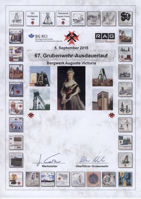 Bergwerk Auguste Victoria 67 Grubenwehrausdauerlauf 5 September 2015 Urkunde
Bergwerk Auguste Victoria 67 Grubenwehrausdauerlauf 5 September 2015 
