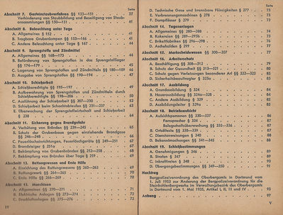 Bergpolizeiverordnung fÃ¼r die Steinkohlenbergwerke im Verwaltungsbezirk des Oberbergamts in Dortmund vom 1. Mai 1935 Inhaltsverzeichnis 2
Quelle: Druck und Verlag von Hermann Bellmann Dortmund
